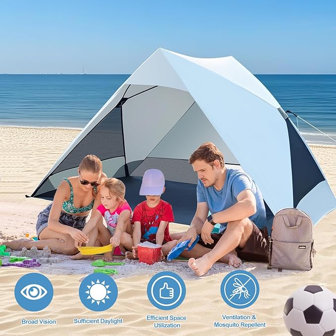 Pop Up Beach Tent for 2/3/4 Person with UPF 50+ UV Protection, Lightweight & Easy Setup Beach Shade Canopy, Wind-Resistant Shelter Portable Cabana for Family Outdoor Picnics Fishing
