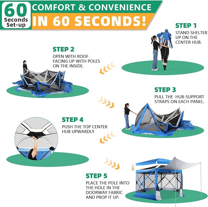 COBIZI 12x12FT Pop Up Gazebo Screen Tent Screen House for Camping, Screen Room with Mosquito Netting, Hub Tent Instant Screened Canopy with Carrying Bag and Ground Stakes, Blue