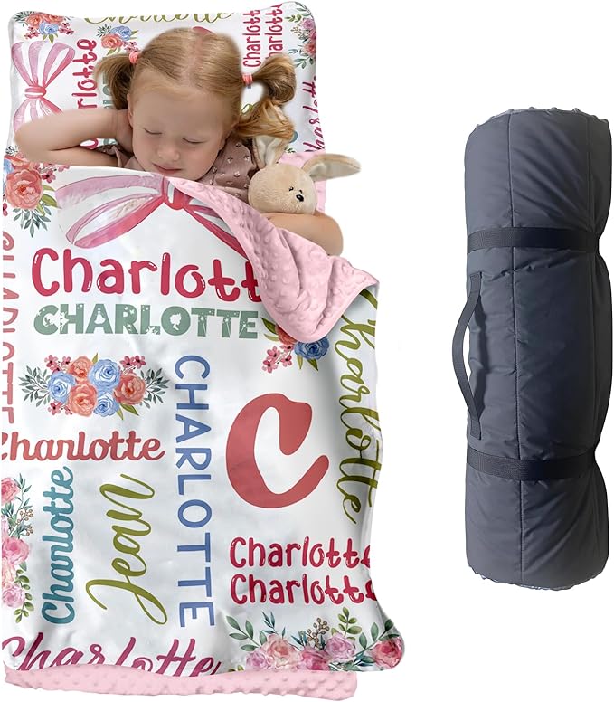 Personalized Toddler Nap Mat for Preschool, Custom Name Kids Sleeping Bag for Daycare, Kindergarten Roll Up Sleeping Mat with Removable Pillow and Soft Blanket, Fun Themes for Boys & Girls