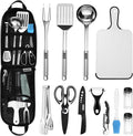Odoland 14pcs Camping Cooking Utensils Set, Stainless Steel Outdoor Kitchen Cookware Kit, Portable Storage Bag for Knife, Fork, Spoon, Chopping Board, Chef's Knife, Camping, Grilling, Picnic and BBQ