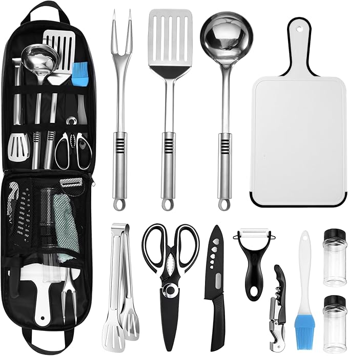 Odoland 14pcs Camping Cooking Utensils Set, Stainless Steel Outdoor Kitchen Cookware Kit, Portable Storage Bag for Knife, Fork, Spoon, Chopping Board, Chef's Knife, Camping, Grilling, Picnic and BBQ