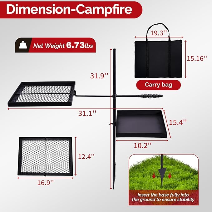 VINGLI Swivel Camping Firepit Grill, Foldable Campfire Steel Grate w/Griddles & Storage Bag, 360° Adjustable, Open Fire Outdoor Cooking Equipment, Parties, Activities, Families Use 31'' x 17'' x 32''