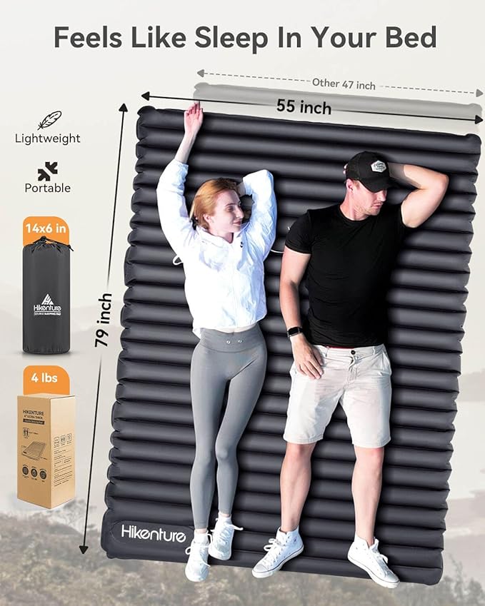 Hikenture Camping Mattress 2 Person Double Sleeping Pad for Camping, 4" Extra-Thick Inflatable & Ultralight Sleeping Air Mat for Backpacking, Hiking