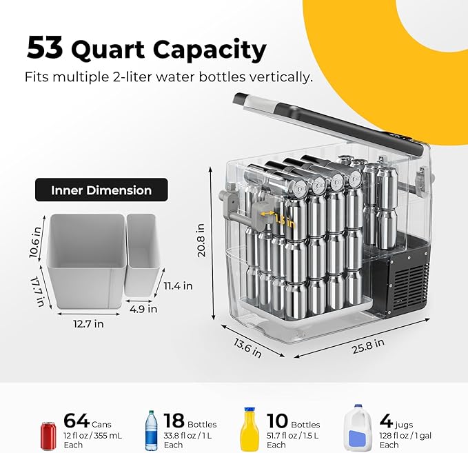 BougeRV 12V Portable Refrigerator Fridge Freezer Portable Car Fridge 53 Quart Electric Cooler12V/24V DC 110~240 V AC for RV Truck Jeep Pickup SUV Van Boat Camping Tailgating Road Trip Outdoor Travel
