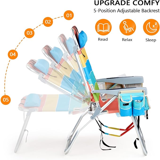 VINGLI Tall Beach Chair 2 Pack Lightweight, Backpack Beach Chair for Adults with 5-Position, Cooler Bag, Cup Holders, Towel Bar, Folding Beach Camping Chairs（16“-Rainbow）