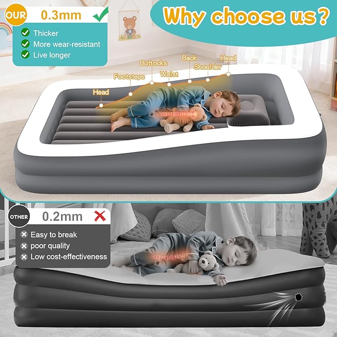 Inflatable Toddler Travel Bed with Tent - Kids Air Mattress with High-Speed Pump - Portable Blow Up Air Cribs with Safety Sides & Carry Bag - Lightweight Camping Tent for Outdoor - khaki & Grey 67inch