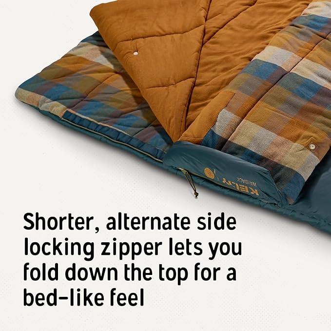 Kelty Wayback Flannel Lined Sleeping Bag, Built in Blanket, Traditional Rectangle Shape, Organic Flannel Cotton Liner, Dual Locking Slide Zips
