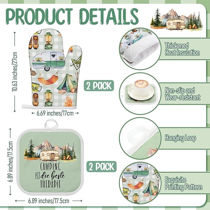 8 Pcs Camping Kitchen Gift Dish Towel Pot Holder Oven Mitt Set 4 Bonfire Tent Car Tea Towels with Funny Sayings Novelty 2 Oven Mitts 2 Pot Holders Camping Accessories Decor for Rv Campers