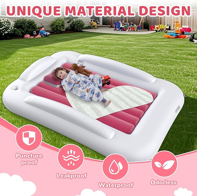 Inflatable Toddler Travel Bed - 60 Inches Portable Toddler Bed for Travel with Safety Sides - Cozy Kids Air Mattress Set with High-Speed Pump & Carry Case - Lightweight & Easy to Inflate(Pink)