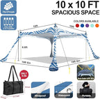 Buheco Beach Tent Pop Up Shade 10x10ft Beach Canopy Sun Shelter UPF50+ with 4 Foldable Poles-Portable Carrying Bag-Sand Shovel-Ground Pegs-Windproof Ropes for Outdoor Family Camping-Fishing- Picnic