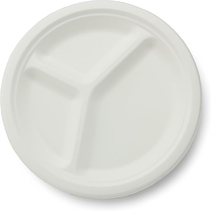 100% Compostable Natural Plant Fiber 3-Compartment Plate, 10-Inch, 500-Count Case