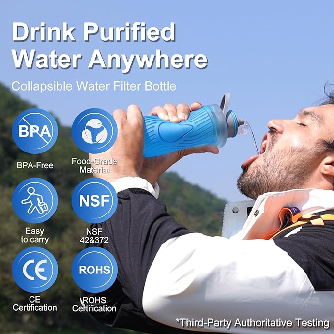 SurviMate 700ml Collapsible Water Filter Bottle,Squeeze Water Filtered Bottle，BPA-Free, Ultra Light Emergency Survival Water Filter，Perfect for Hiking, Backpacking, Camping