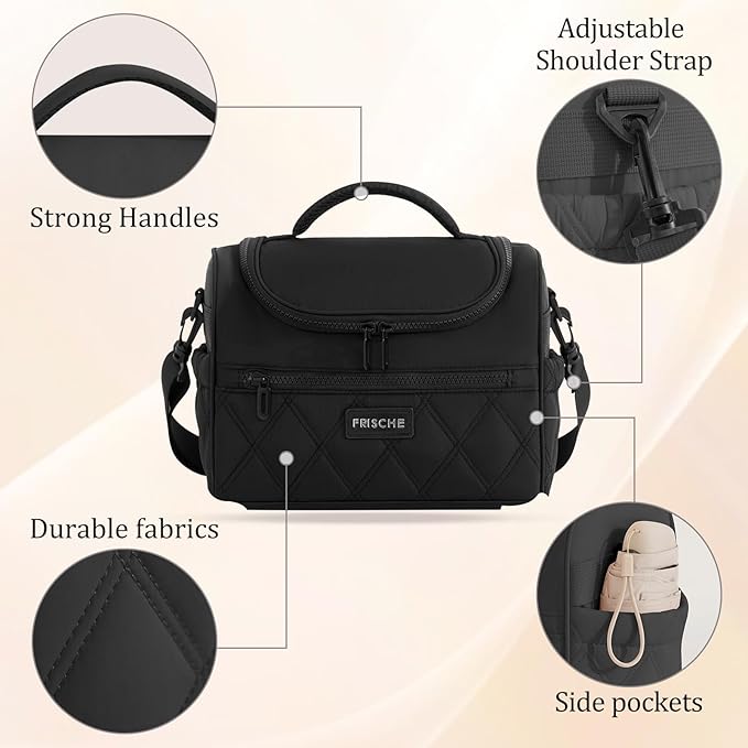 Lunch Bag for Women Soft,Reusable Lightweight Lunch Cooler with Straps,Leakproof Lunch Box for Work Picnic Camping Beach,Black
