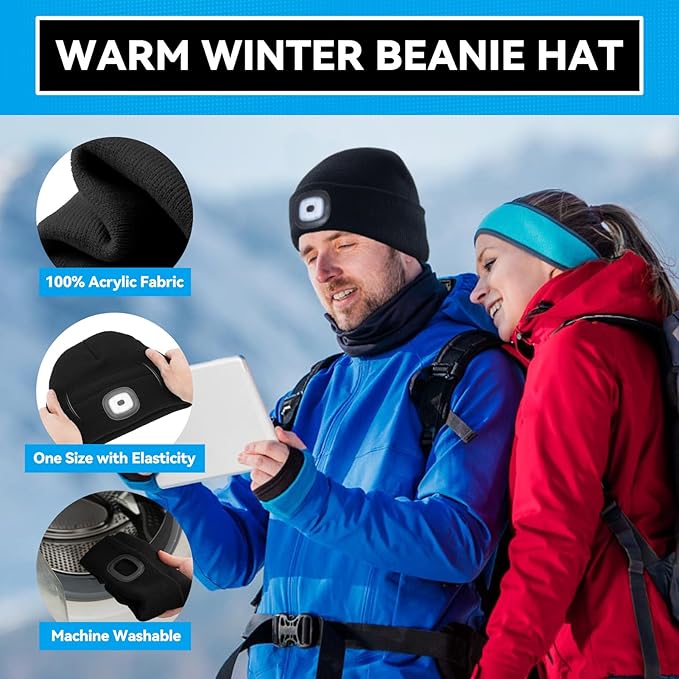 Valentines Day Gifts for Him, Beanie Hats with Light, USB Rechargeable LED Hand Free Headlamp, Birthday Gifts for Men, Women, and Teens, Ideal for Camping, Hiking, 2 Pack, Black