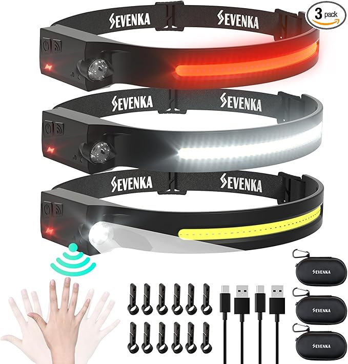 SEVENKA 3 Rechargeable Headlamps with Red Light, LED Headlamp Flashlight with Carrying Case, 1000 Lumen 230° Wide Beam & Spot Light, Sensor Mode, 2.47oz Lightweight Head Lamp for Camping