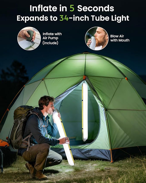 4000mAh Inflatable Solar Camping Lantern - 339 Lumens Ultra Bright 34” LED Light Tube & Power Bank, IP66 Waterproof USB-C Rechargeable Portable Tent Lamp for Hurricane, Power Outage, Survival Kits