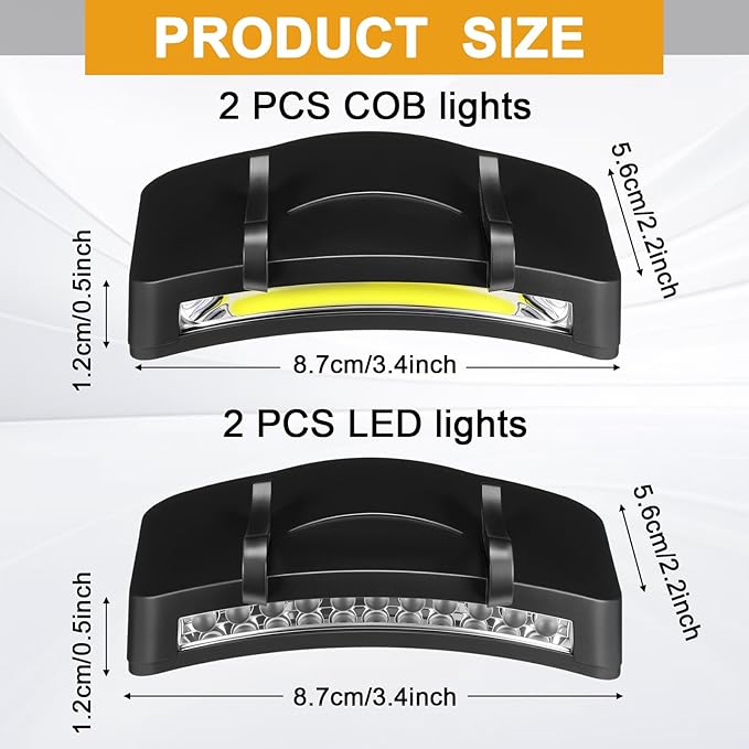Mudder 4 Pcs Hat Light Clip 11 LED Light and Cob Cap Lights Clip on Hat Powered Headlamp Battery Cap Brim Lamp Black Waterproof Ultra Bright Headgear Flashlight for Hunting Camping Fishing Hiking