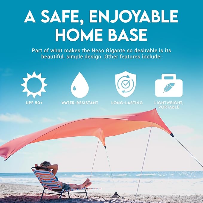 Neso Gigante Portable Beach Tent Sun Shelter - Lightweight Beach Shade Canopy - Easy Setup for Family Outings - Patented Reinforced Corners - UPF 50+ Sun Protection - 8ft Tall, 11 x 11ft - Coral