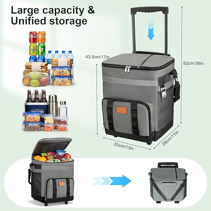 60-Cans Large Rolling Cooler Bag, Leakproof Insulated Soft Cooler Bag Ice Chest with Wheels Portable Wheeled Cooler, Collapsible Insulated Cooler Bag for Beach Camping Patio Travel Outdoor