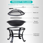 22 Inches Portable Fire Pit Outdoor Wood Burning Steel Lightweight BBQ Grill Firepit Bowl with Log Grate&Poker for Outside Patio Campfire Bonfire Backyard