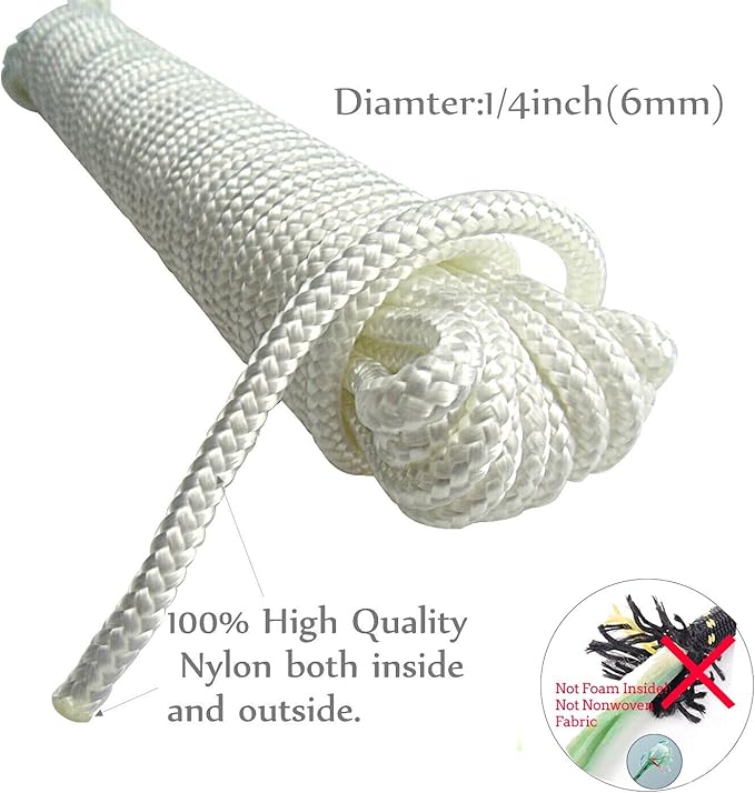 6mm White Diamond Braid Nylon Rope, Paracord All Purpose Utility Rope Nylon Twine for Crafts,Cargo,Tie-Downs,Camping,Indoor Outdoor Use(1/4inch,50ftx1 Hank)