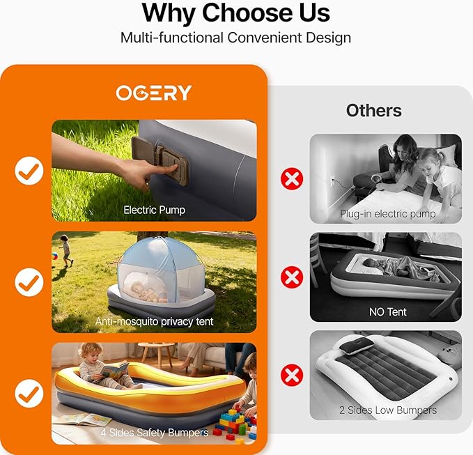 OGERY Inflatable Toddler Travel Bed with Cordless Rechargeable and Detachable Air Pump and Tent, Portable Kids Air Mattress with 4 Sides Safety Bumpers Ideal for Home, Grandma's, Camping, Traveling