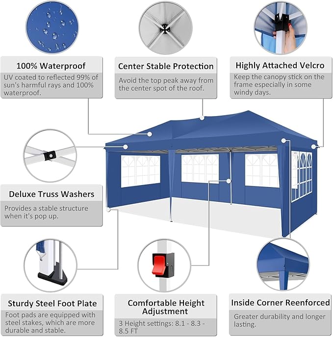COBIZI 10x20 FT Pop up Canopy Tent with Sidewalls, Party Tents for Parties, Carpas para Fiestas, Easy Set Large Outdoor Popup Patio Gazebo for Backyard,Weddings,Vendor,Commercial Event,Blue (Upgrade)