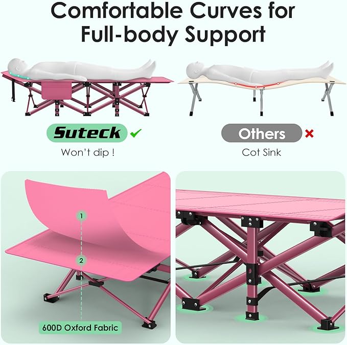 Suteck Camping Cot, Folding Camping Cot Bed for Adults Sleeping 1200D Double Layer Oxford Portable Folding Outdoor Cots for Camping W/Soft Pad Carry Bag for Home Office Nap Beach Travel, 500LBS,