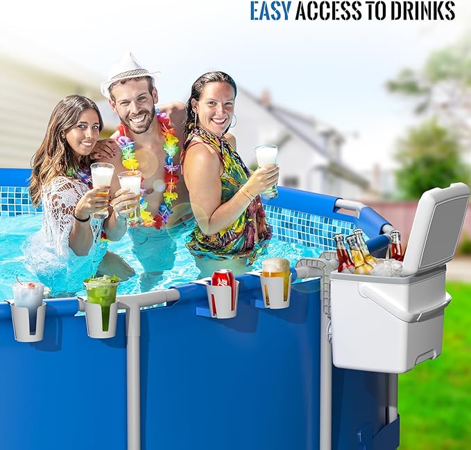 14QT Pool Cooler, with 4 Pool Cup Drink Holders, Insulated Hard Cooler with Handle, Keeps Cold for up to 3 Days, Above Ground Pool Accessories Storage, Portable Poolside Beach Camping