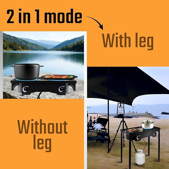 2 Burner Propane Gas Stove, 150,000 BTU Outdoor Camping Cooker with Removable Legs, 0–20 PSI Regulator & Hose, Heavy-Duty Cast Iron Double Burner for BBQ, Frying, and Boiling
