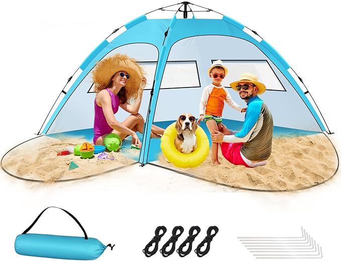Beach Tent Sun Shade for 4-5 Person, Two Doors Large Pop Up Beach Tents for Adults and Kids, Portable Automatic Instant Sun Shelter Canopy Tent UV 50+, Ideal for Garden, Fishing, Picnic