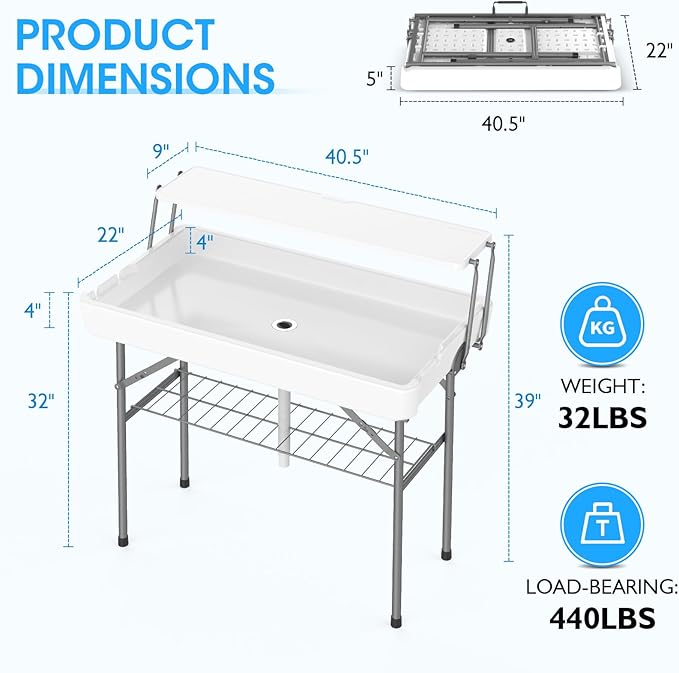 HLPB 4 FT Party Ice Cooler Folding Table with Folding Board, Outdoor ice Table with Skirt & Drain & Folded Buckets & Barbed Wire, Portable Foldable Bar Table for Party, BBQ, Camping, Picnic, White