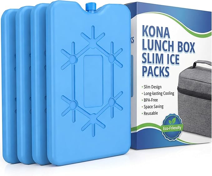 Kona 4 Pack Slim Ice Packs for Lunch Boxes & Coolers – Reusable, Quick Freeze, Space Saving Freezer Packs – Small Thin Cold Packs (Blue)