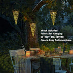 Outdoor Decorative Solar Hanging Lights with Delicate Hollow Conical Lantern Design - Set of 3 Chandelier for Patio, Tree, Garden, Yard, Porch, Backyard Pathway and Christmas Decoration.