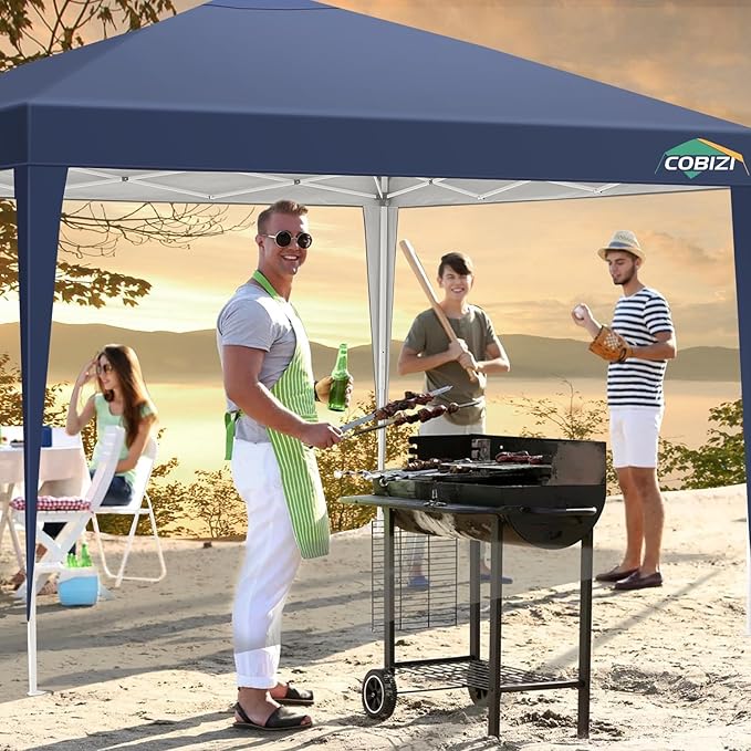 COBIZI 10x10 Pop Up Canopy Tent with 4 Sandbags, Easy Set Up Gazebo, Instant Outdoor Sun Shade &Waterproof Canopy with 8 Stakes,4 Ropes&Carry Bag, Tents for Parties, Beach, Backyard,Camping(Navy Blue