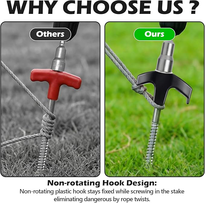 8" Heavy Duty Screw in Tent Stakes, Metal Camping Stakes, Drill-In Ground Anchor, Threaded Stakes for Canopies, Gardening, Yard Inflatables, with Hex Socket and Storage Bag (12, Black)