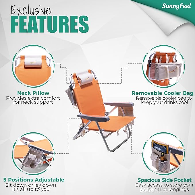 SUNNYFEEL Beach Chairs for Adults 2 Pack 5 Position Lay Flat, Portable Folding Backpack Beach Chair Heavy Duty with Cooler Bag, Cup Holder for Outdoor/Lawn/Picnic, Foldable Camping Chair