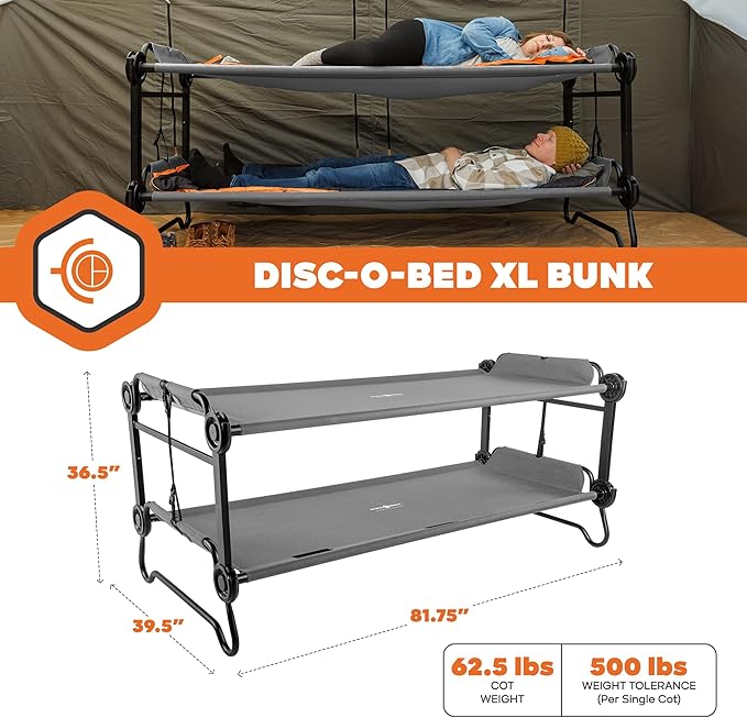 Disc-O-Bed XL Outdoor Modular 2 Person Double Camping Cot Portable Bed with 2 Height Options for Adults, Sleep Solution for Tents, Grey