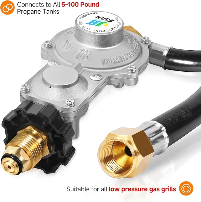 GasSaf 5FT 2 Stage Propane Regulator with Hose, 90 Degrees RV Propane Regulator for Dual Fuel Generator, RV, Camp Stoves, Gas Grills, Heaters - Standard POL Connection Fits 5-100 lb Propane Tanks