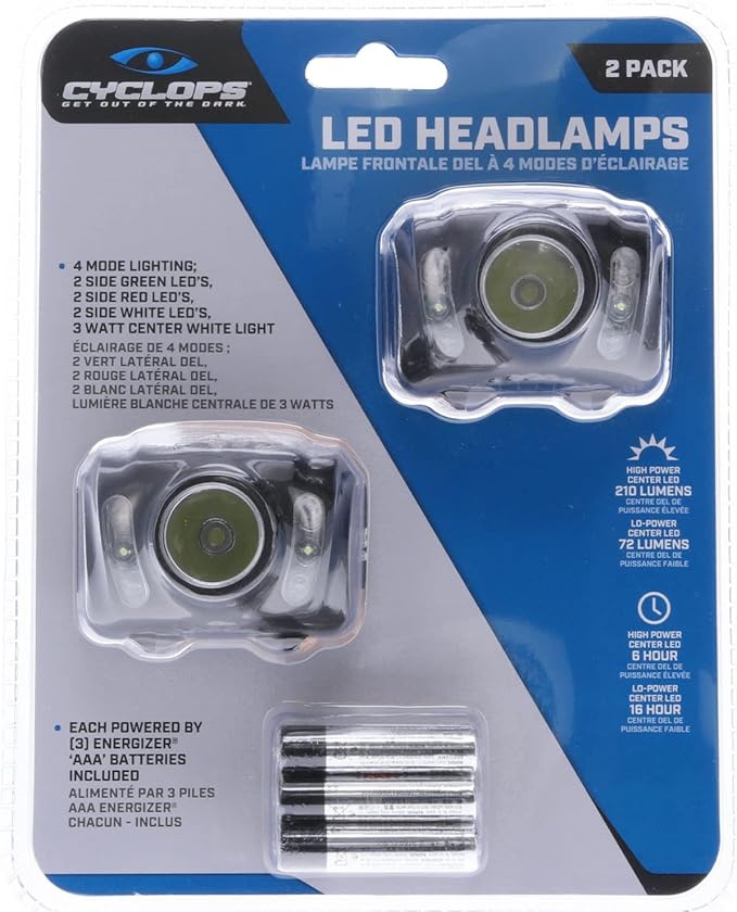 CYCLOPS 210 Lumen Headlamp, Tactical Durable Lightweight Compact Adjustable Stretch Headband Bright 3 Color LED Headlight, AAA Batteries Included, Pack of 2