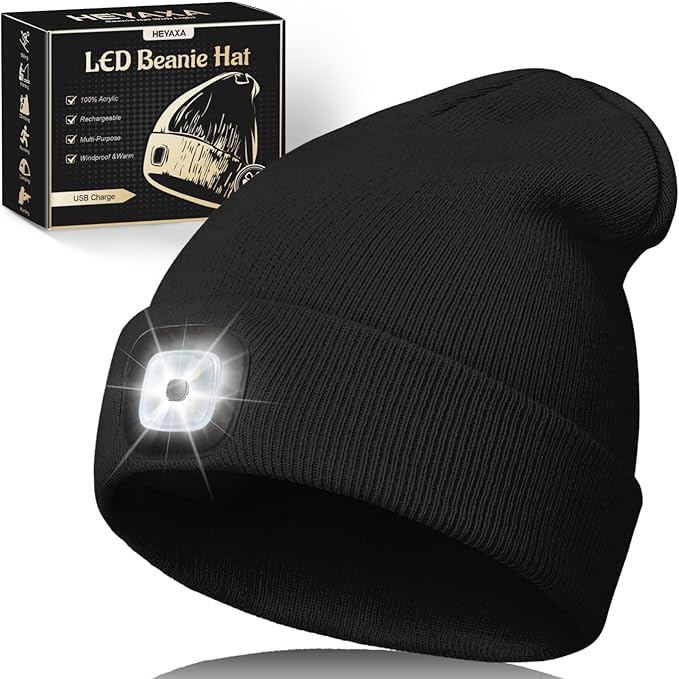 Unisex LED Beanie with Light, Rechargeable Headlamp Hat, Valentines Day & Birthday Gifts for Men Women, Husband, Warm Knitted Cap White Elephant Gifts for Dad Adults Teens Men Women Him
