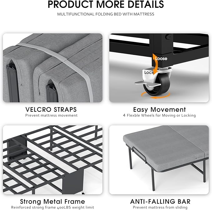 Folding Beds with Mattress, Portable Foldable Bed for Adults, Roll Away Bed Guest on Wheels, Memory Foam Mattress and Metal Frame, Space Saving Fold