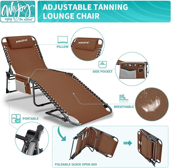 #WEJOY Folding Lounge Chair Outdoor, 5-Position Adjustable Sunbathing Tanning Chair with Shoulder Strap & Side Pocket, Heavy Duty Reclining Chair for Patio Pool Camping, Portable Folding Bed Cot Khaki