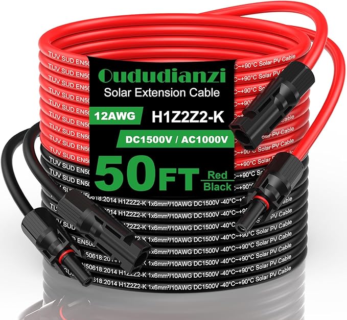 Oududuanzi Solar Extension Cable 50Ft, Solar Wire 12AWG, 12Gauge Tinned Copper PV Wire, Solar Panel Cables and Connectors for Home RV Boat Camping Solar Panels