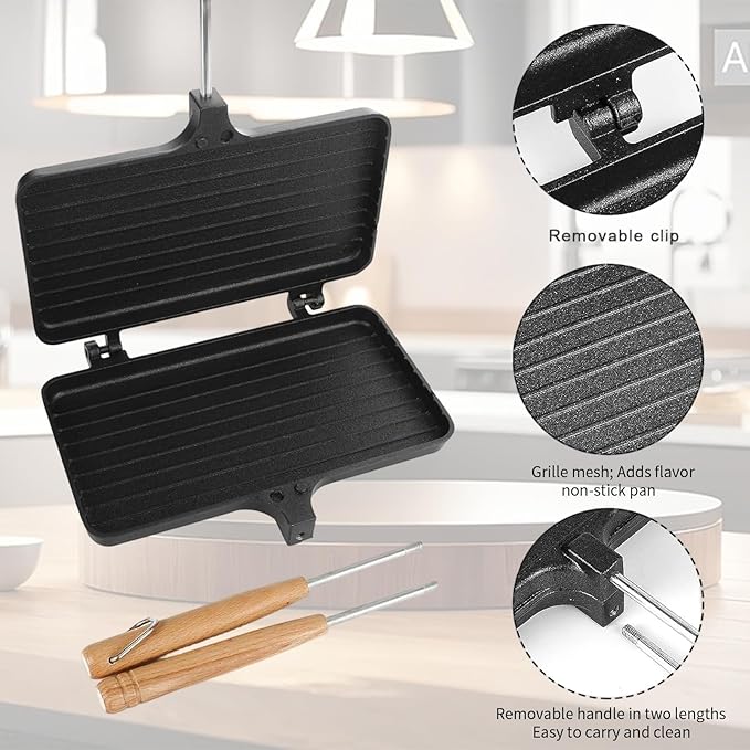 Double Pie Irons Sandwich Maker, Non-Stick Pie Irons for Camping with Removable Handles, Portable Mountain Pie Maker Cast Iron, Sandwich Press for Camping