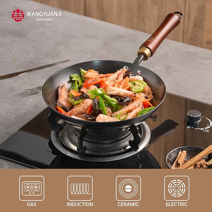 WANGYUANJI 10Inch Carbon Steel Skillet,Hand-Hammered Frying Pan with Removable Handle No Chemical Coating,Flat Bottom Pow Wok Pan for Electric,Induction,and Gas Stoves (Seasoning Required)