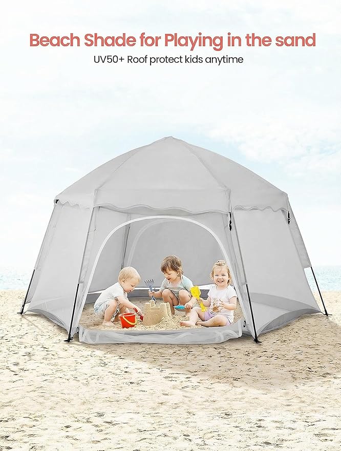 Portable Large Kids Beach Tent Shelter with Canopy UV Cover, Indoor Outdoor Camping Tent,with Thick Removable Floor for Sleeping Or Beach Shelter (Light Grey)