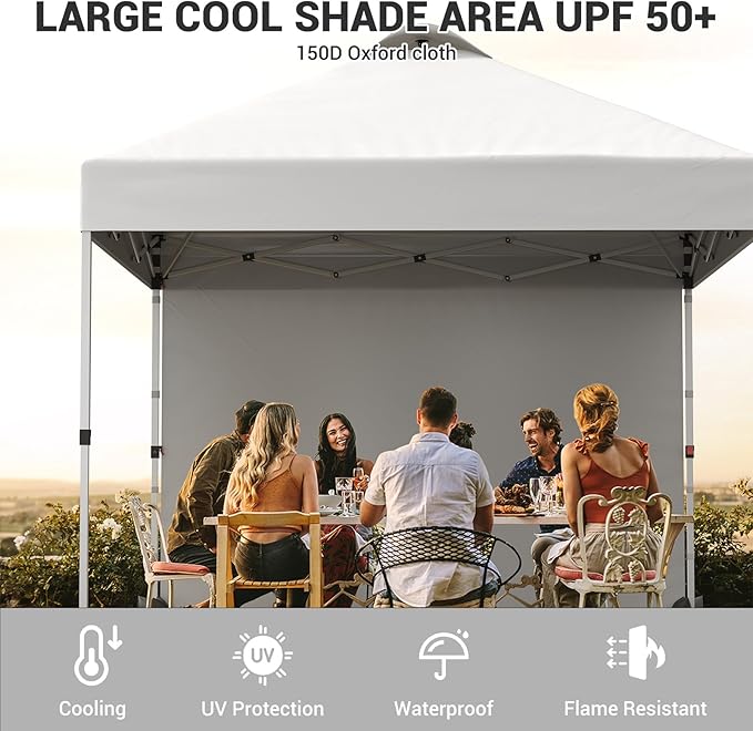 10x10ft Pop Up Canopy Tent with 1 Sidewall, Portable Instant Commercial Canopy Patio Tent with Vented Top Roller Bag 4 Sandbags 4 Ropes and 8 Tent Stakes, White