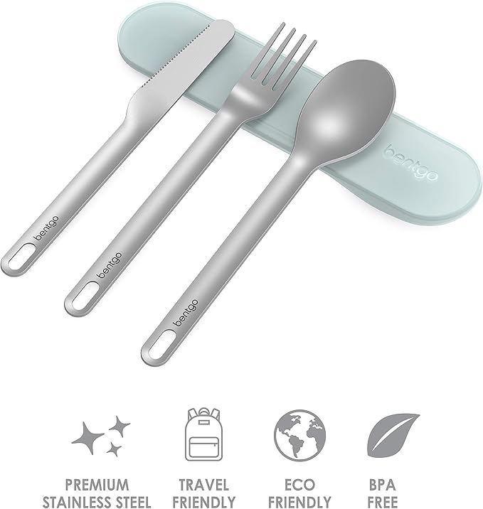 Bentgo Stainless Travel Utensil Set - Reusable 3-Piece Silverware Set with Carrying Case, High-Grade Premium Steel, BPA-Free Case, Eco-Friendly - Ideal for Travel, Camping, and Office Use (Aqua)
