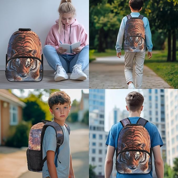 Tiger Backpack and Lunchbox Animal Backpack for Kids Lightweight Portable Boys Bookbag Age 6-8 with Lunch Box 4pcs Boys School Bags for 8-9 Daypack Hiking Travel Camping Outdoor